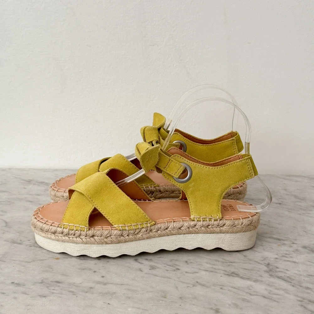 Frye and Co Espadrille Sandals Suede Bow Platform Yellow Crisscross Straps 7.5